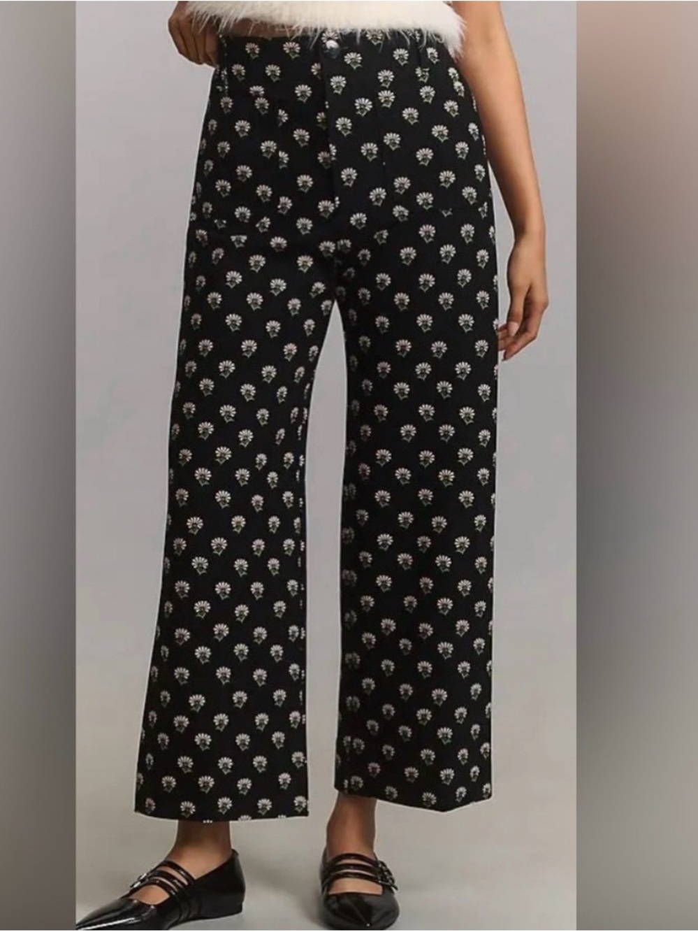 Maeve Colette Black Wide-Leg Pants with White Floral Print